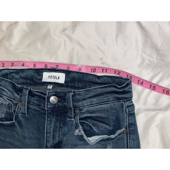 Pistola Blue Denim Distressed Frayed Hem Crop Flare Jeans Women's Size 26 - Picture 7 of 11